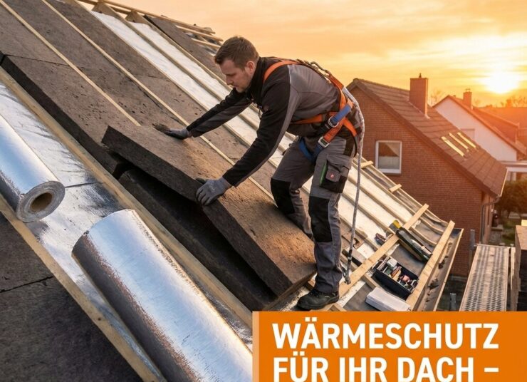 Dachdecker Ein Arbeiter bringt bei Sonnenuntergang Dämmplatten auf einem schrägen Hausdach an, in der Nähe befinden sich Rollen mit reflektierendem Material. Der Text auf Deutsch lautet: Wärmeschutz für Ihr Dach - spart Energie! (Wärmeschutz für Ihr Dach spart Energie!).