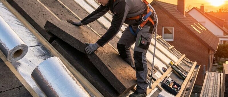 Dachdecker Ein Arbeiter bringt bei Sonnenuntergang Dämmplatten auf einem schrägen Hausdach an, in der Nähe befinden sich Rollen mit reflektierendem Material. Der Text auf Deutsch lautet: Wärmeschutz für Ihr Dach - spart Energie! (Wärmeschutz für Ihr Dach spart Energie!).